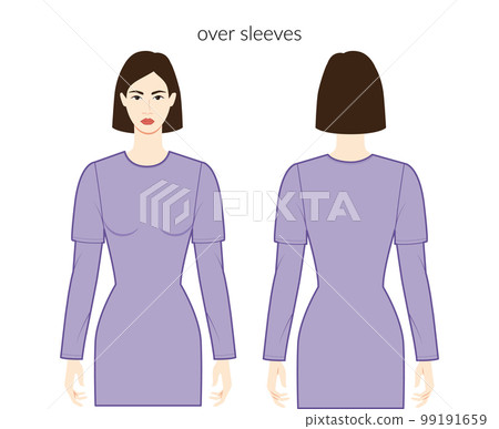 Over sleeves long length clothes character beautiful lady in purple top, shirt, dress technical fashion illustration Over sleeves long length clothes character beautiful lady in purple top, shirt, dress technical fashion illustration 99191659
