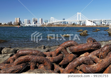 台場海濱公園、生鏽的鎖鍊和大海。 99191733
