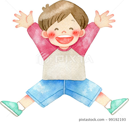 Watercolor illustration of a child jumping energetically with arms and legs spread (boy/facing forward) 99192193