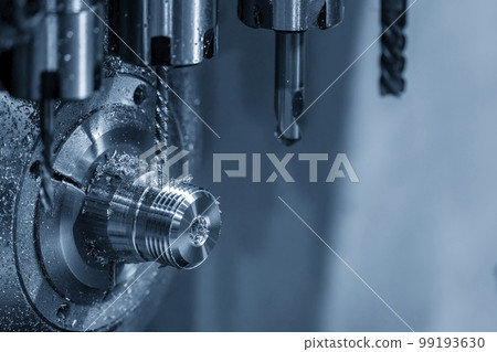 The multi-tasking CNC lathe machine swiss type tapping the metal pipe connector parts. The multi-tasking CNC lathe machine swiss type tapping the metal pipe connector parts. 99193630