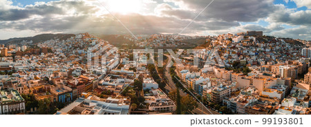 Panoramic aerial view of Las Palmas de Gran Canaria and Las Canteras beach at sunset, Canary Islands, Spain. Panoramic aerial view of Las Palmas de Gran Canaria and Las Canteras beach at sunset, Canary Islands, Spain. 99193801