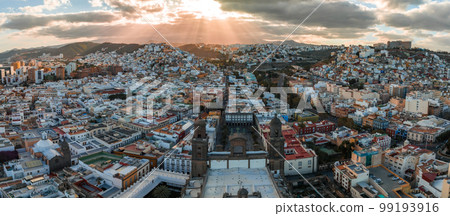 Panoramic aerial view of Las Palmas de Gran Canaria and Las Canteras beach at sunset, Canary Islands, Spain. Panoramic aerial view of Las Palmas de Gran Canaria and Las Canteras beach at sunset, Canary Islands, Spain. 99193916