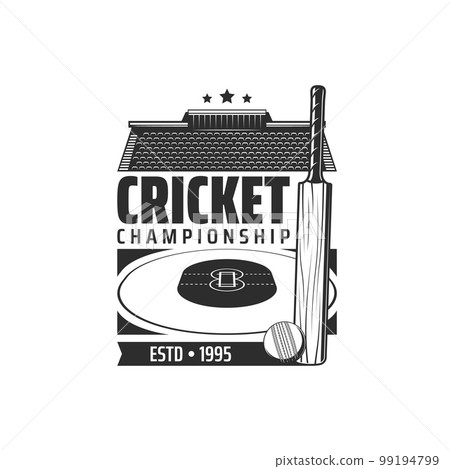 Cricket sport stadium and field icon. Cricket clubs champions, sport tournament monochrome vector icon, retro symbol or engraved emblem with competition arena, wooden bat and ball 99194799