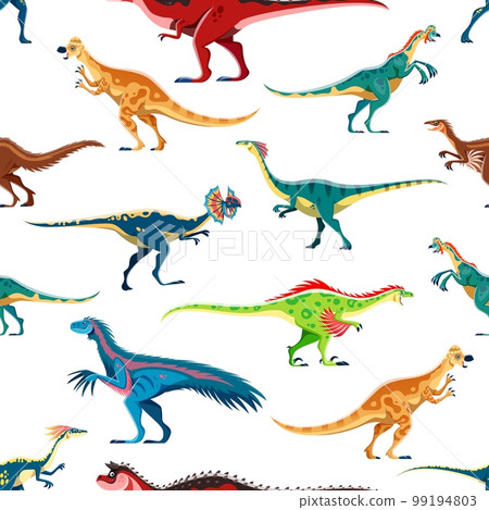 Dinosaur cartoon characters seamless pattern. Fabric vector backdrop or print with Pachycephalosaurus, Oviraptor, Dilophosaur and Gallimimus, Raptor, Therizinosaurus dinosaurs comical personagesa Dinosaur cartoon characters seamless pattern. Fabric vector backdrop or print with Pachycephalosaurus, Oviraptor, Dilophosaur and Gallimimus, Raptor, Therizinosaurus dinosaurs comical personagesa 99194803