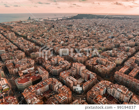 Barcelona street aerial view with beautiful patterns in Spain. Barcelona skyline aerial view with buildings in Spain. Barcelona street aerial view with beautiful patterns in Spain. Barcelona skyline aerial view with buildings in Spain. 99194837