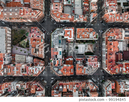 Barcelona street aerial view with beautiful patterns in Spain. Barcelona skyline aerial view with buildings in Spain. 99194845