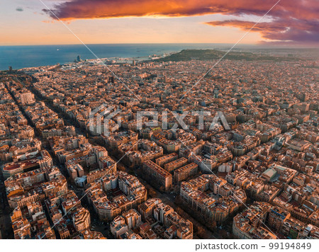 Barcelona street aerial view with beautiful patterns in Spain. Barcelona skyline aerial view with buildings in Spain. Barcelona street aerial view with beautiful patterns in Spain. Barcelona skyline aerial view with buildings in Spain. 99194849