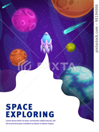 Space landing page galaxy exploring. Vector poster with cartoon rocket launch with white fluid trail frame, Shuttle flying up among planets, asteroids and stars. Universe exploration, cosmic travel Space landing page galaxy exploring. Vector poster with cartoon rocket launch with white fluid trail frame, Shuttle flying up among planets, asteroids and stars. Universe exploration, cosmic travel 99194866