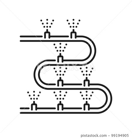 Yard lawn or field irrigation system icon. Gardening aquaponics equipment, farm sprinkling automatic system or field irrigation technology outline vector icon. Farmland drip water watering pictogram 99194905