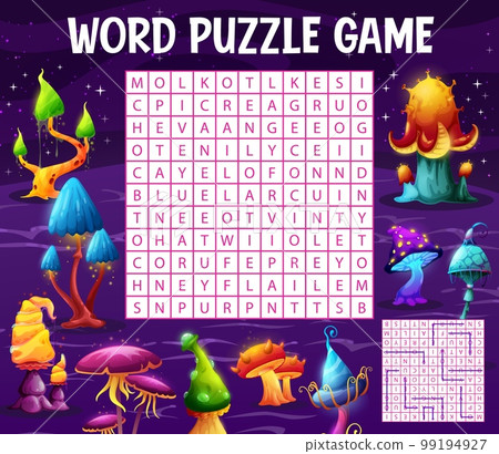 Find color of alien magic mushrooms caps, word search puzzle, vector quiz game worksheet. Kids riddle grid to search and find word of luminous mushroom colors in magic forest of toadstools 99194927