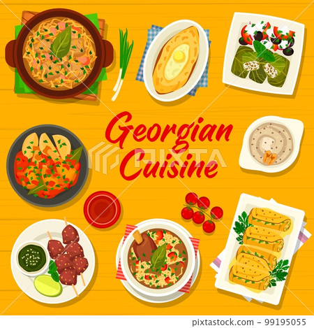 Georgian cuisine meals menu cover template. Eggplant satsivi, beef cabbage soup and lamb basturma, soup Kharcho, Dolma with vegetable, sulguni salad and satsivi sauce, bread Khachapuri, Chakhokhbili 99195055