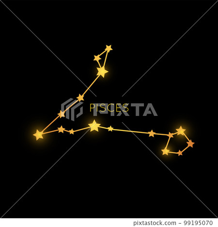 Pisces golden zodiac constellation, mystic sign in space, cosmic magic stars or planets in black night sky. Vector astrology horoscope symbol in galaxy Pisces golden zodiac constellation, mystic sign in space, cosmic magic stars or planets in black night sky. Vector astrology horoscope symbol in galaxy 99195070