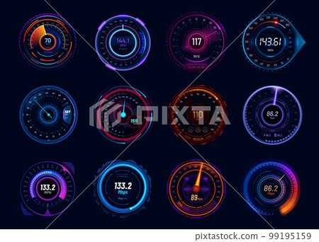 Futuristic car speedometer gauge dials. Neon led speed meter, vehicle tachometer or acceleration boost vector indicators, internet connection download ping test meter with speed info, glowing arrows 99195159