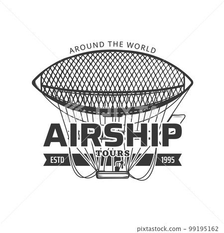 Airship tours icon. Air travel, tourism agency and flight journey, aviation history vector vintage label, monochrome emblem or symbol with flying antique dirigible airship and typography Airship tours icon. Air travel, tourism agency and flight journey, aviation history vector vintage label, monochrome emblem or symbol with flying antique dirigible airship and typography 99195162