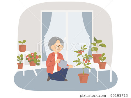 Illustration of a Senior Woman Watering Plants on the Veranda 99195713