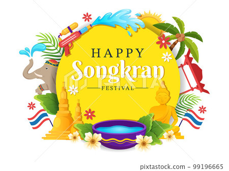 Happy Songkran Festival Day Illustration with Playing Water Gun in Thailand Celebration in Flat Cartoon Hand Drawn for Landing Page Templates 99196665