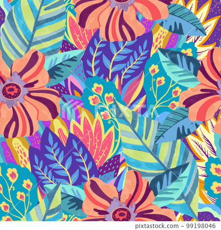 Colorful vivid psychedelic pattern with abstract tropical flowers for fabric, wrapping paper. Vector illustration 99198046