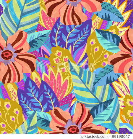 Colorful vivid psychedelic pattern with abstract tropical flowers for fabric, wrapping paper. Vector illustration 99198047