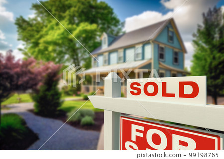 Sold Home For Sale Real Estate Sign in Front of House - Generative AI. Sold Home For Sale Real Estate Sign in Front of House - Generative AI. 99198765