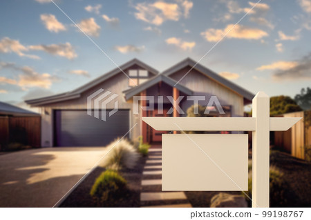 Blank Real Estate Sign In Front of Home - Generative AI. Blank Real Estate Sign In Front of Home - Generative AI. 99198767