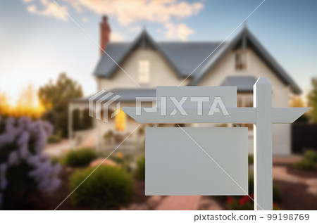 Blank Real Estate Sign In Front of Home - Generative AI. Blank Real Estate Sign In Front of Home - Generative AI. 99198769