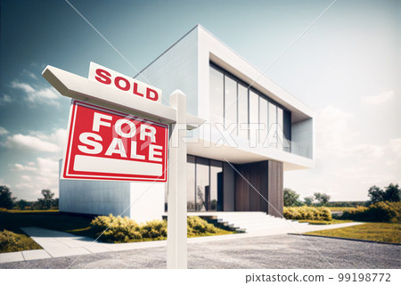 Sold Home For Sale Real Estate Sign in Front of Modern House - Generative AI. Sold Home For Sale Real Estate Sign in Front of Modern House - Generative AI. 99198772