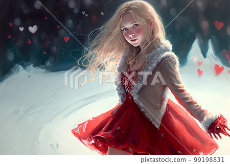 Pretty Girl Wearing Red Dress Ice Skating Spinning in the Snow and Falling Hearts - Generative AI. 99198831