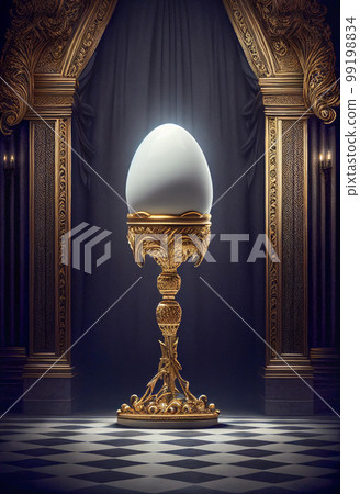 Chicken Egg Propped Up By Ornate Golden Base Under Spot Light - Generative AI. 99198834