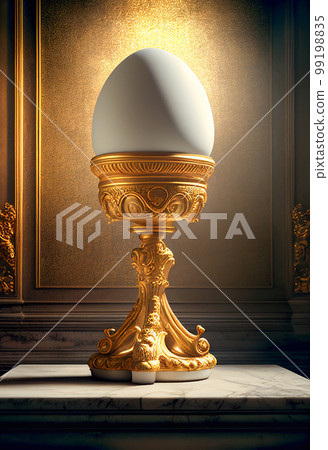 Chicken Egg Propped Up By Ornate Golden Base Under Spot Light - Generative AI. 99198835
