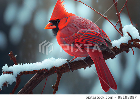 Red Cardinal Bird on Tree Branch - Generative AI. 99198887