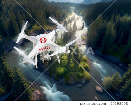 Search And Rescue Unmanned Aircraft System, (UAS) Drone Above A Raging Mountain River - Generative AI. 99198998