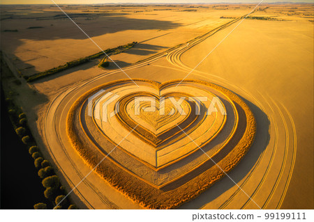 Aerial View of Heart Shaped Crop Circles - Generative AI. Aerial View of Heart Shaped Crop Circles - Generative AI. 99199111