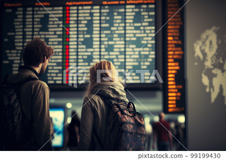 Unhappy and Stressed Young Adult Couple At Airport Viewing Cancelled Flights on Flight Information and Airport Display Board - Generative AI. 99199430