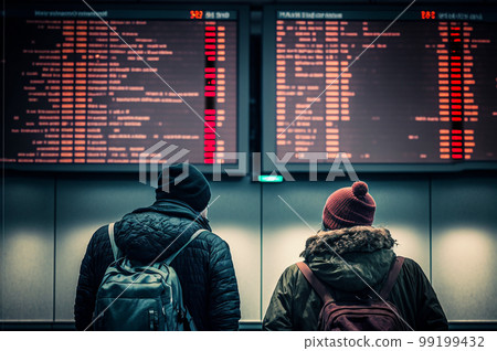 Unhappy and Stressed Young Adult Couple At Airport Viewing Cancelled Flights on Flight Information and Airport Display Board - Generative AI. Unhappy and Stressed Young Adult Couple At Airport Viewing Cancelled Flights on Flight Information and Airport Display Board - Generative AI. 99199432