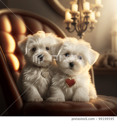 Two Beautiful Maltese Puppies with Heart Shaped Collar Tags Sitting in Comfortable Chair - Generative AI. 99199595