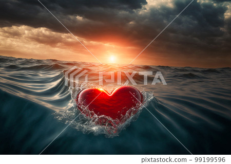 Large Red Heart Precariously Drifting In Tumultuous Ocean on Stormy Day - Generative AI. 99199596