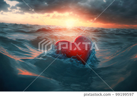 Large Red Heart Precariously Drifting In Tumultuous Ocean on Stormy Day - Generative AI. 99199597