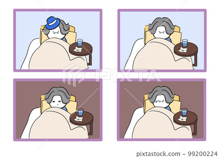 Isolated dead old man senior old man transparent material illustration hand drawn bed bed sick bedridden isolation 99200224