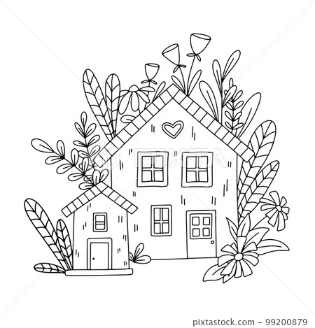 Hand drawn cute vector house in forest. Little rural dwarf home isolated on white. Outline childish illustration for coloring book Hand drawn cute vector house in forest. Little rural dwarf home isolated on white. Outline childish illustration for coloring book 99200879
