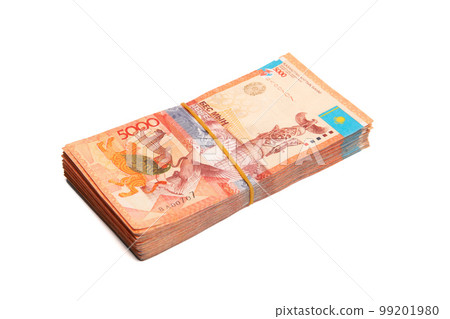 Bundle of Kazakhstan banknotes of 5000 tenge tied with an elastic band, isolated on white Bundle of Kazakhstan banknotes of 5000 tenge tied with an elastic band, isolated on white 99201980