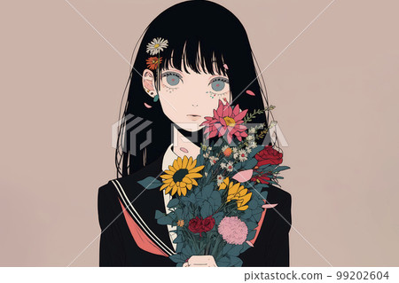 Bouquet/dried flowers and high school girl illustration "AI generated image" 99202604
