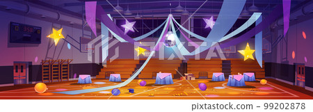 Mess in empty school gym after dance party 99202878