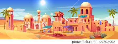 Ancient arab city with market and palace in desert 99202908