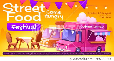 Street food festival poster with vendor trucks 99202943