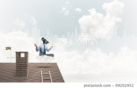 Concept of security and privacy protection with camera headed man meditating 99202952