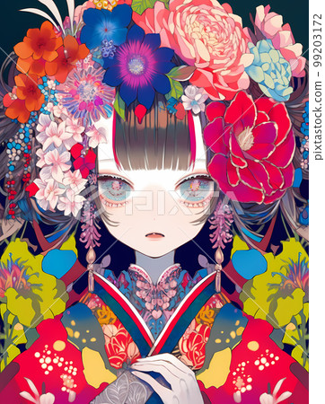 A mysterious woman who looks good in a kimono wrapped in bright flowers "AI-generated image" 99203172