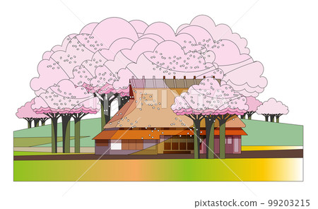 A gentle spring mountain village landscape with cherry blossoms. A gentle spring mountain village landscape with cherry blossoms. 99203215