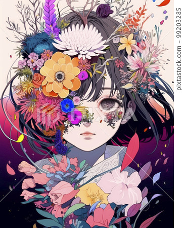 A cool girl surrounded by many beautiful flowers "AI-generated image" 99203285