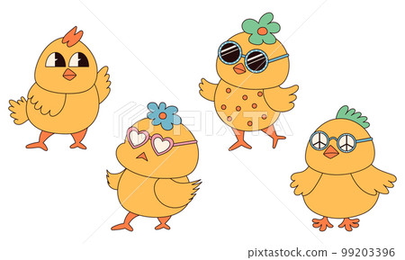 Groovy hippie Happy Easter characters. Set of Easter chicks in trendy retro 60s 70s cartoon style. Groovy hippie Happy Easter characters. Set of Easter chicks in trendy retro 60s 70s cartoon style. 99203396