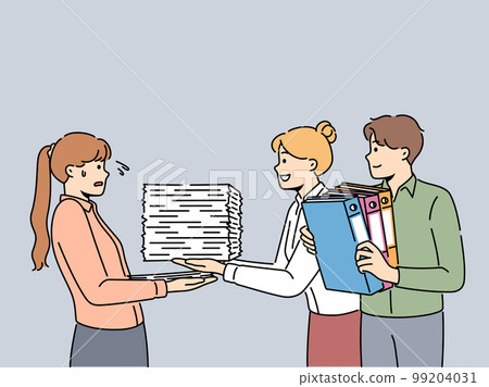 Smiling employees give paperwork to stressed worker  99204031